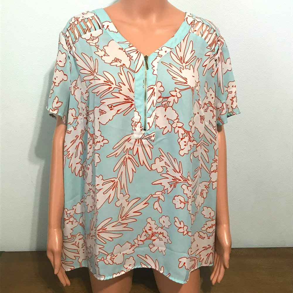 Worthington Blouse Shirt Women 1X Short Sleeve Blue Red Floral Sheer 1/4 Zip Top